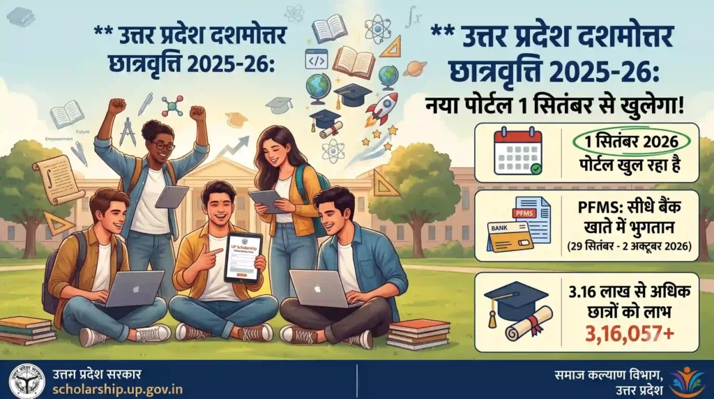 UP Scholarship Portal Open Date, Post Matric Scholarship UP, UP Scholarship PFMS transfer date, समाज कल्याण विभाग छात्रवृत्ति, UP Scholarship 2026.